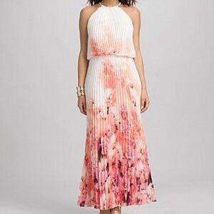 Dress Barn SZ 8 Halter style pleated maxi dress Ivory & Pinks Watercolor Artsy